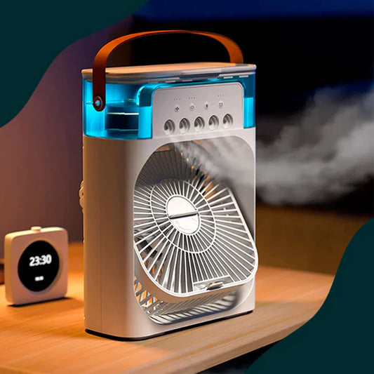 Ventilador Aire Frío Humidificador de Agua y Hielo Portátil USB con Luces LED y Porta Aroma